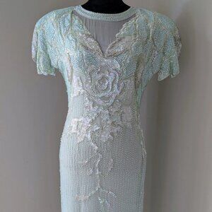LILLIE RUBIN 100% Silk Vintage 90s Beaded Pearl Dress Gown Sheer Mint Green Sz 8